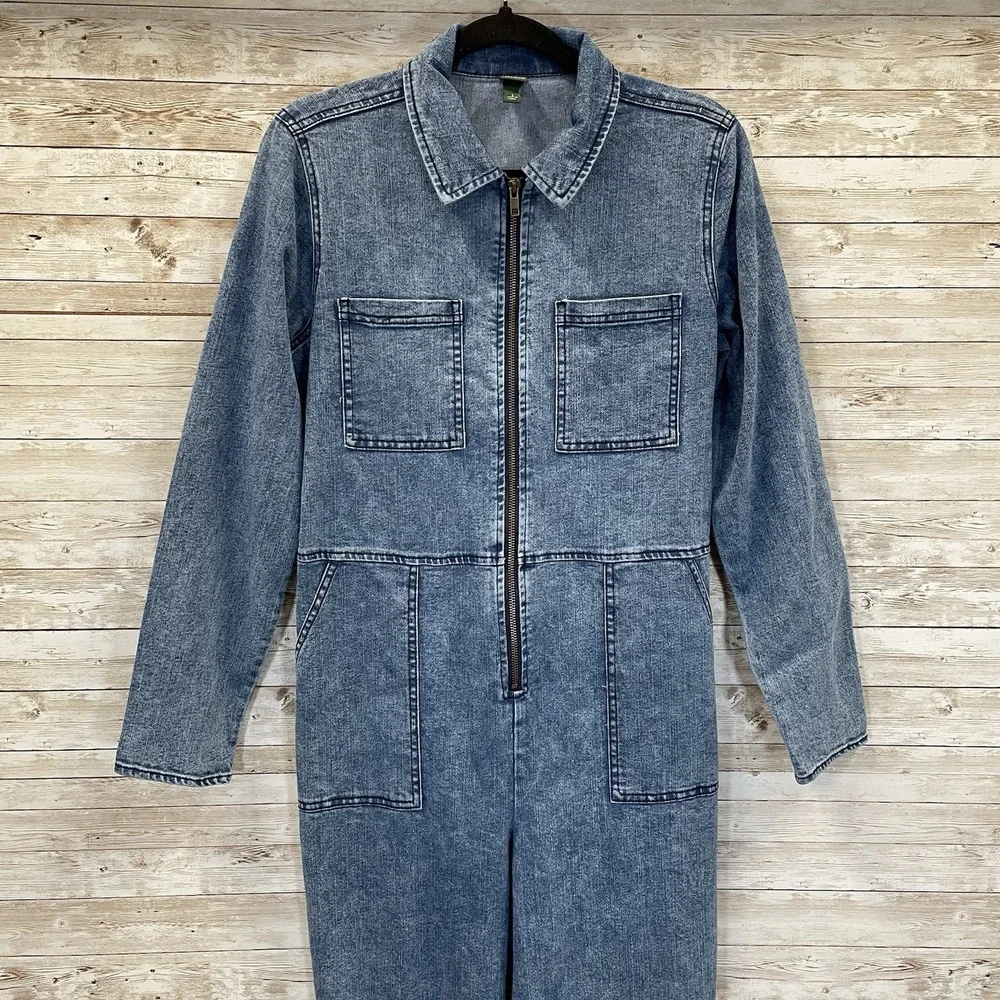 Wild Fable Womens S Jumpsuit Denim‎ Long Sleeve Medium Wash Pockets Zip Cargo